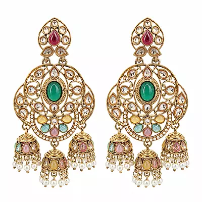 Mehrisa Green and Pastel Stone Triple Jhumka Earrings