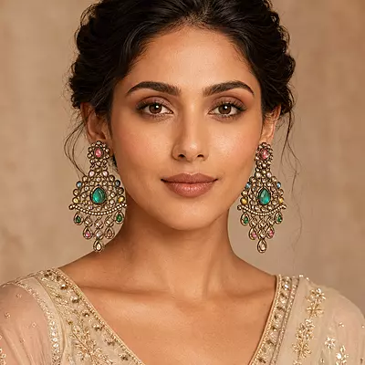 Rangmahal Multicolour Stone Gold-Tone Chandelier Earrings
