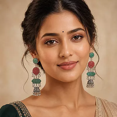 Haritara Green and Red Layered Oxidised Jhumka Earrings
