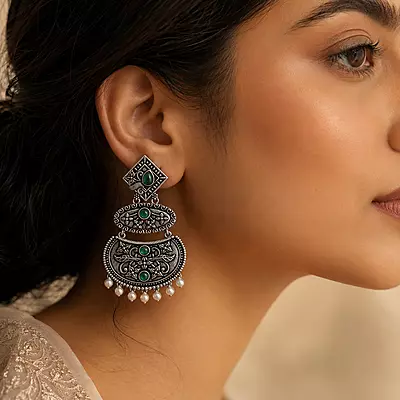 Mrinalika Green Stone Pearl Oxidised Chandbali Earrings