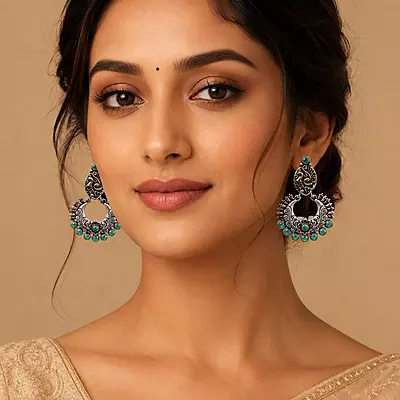 Aaranya Peacock Green Stone Oxidised Chandbali Earrings