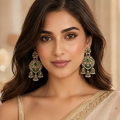 Harivalli Green Stone Triple Jhumka Earrings