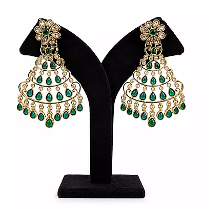 Vanamala Green Stone Gold-Tone Chandelier Earrings