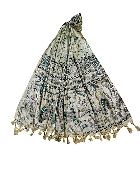 Green Madhubani Cotton Silk Dupatta for Women