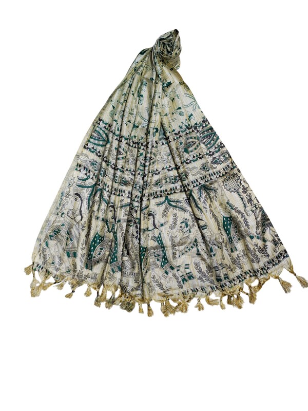Green Madhubani Cotton Silk Dupatta for Women