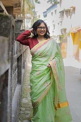 Pastel green color  pure cottton hand block print saree
