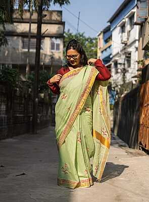 Pastel green color pure cottton hand block print saree Pastel green color pure cottton hand block print saree
