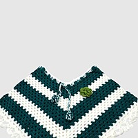 (3-4 Years) Handknitted Kids Woolen Poncho, Dark Green and White Striped Pattern