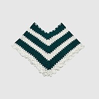 (3-4 Years) Handknitted Kids Woolen Poncho, Dark Green and White Striped Pattern