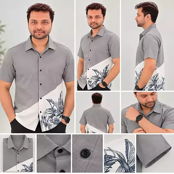 Grey White Botanical Color Block Half Sleeve Shirt 8417