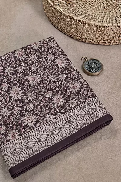 Deep brown pure cotton saree with handcrafted floral block prints