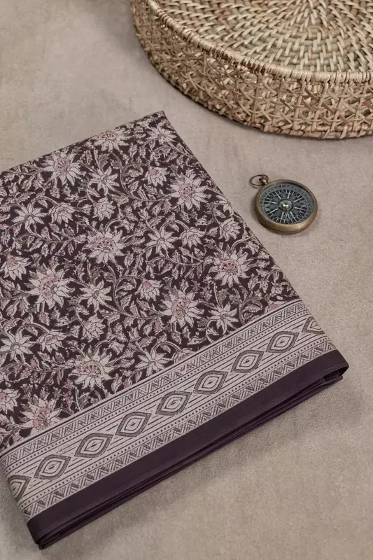 Deep brown pure cotton saree with handcrafted floral block prints