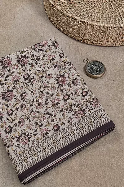 Handcrafted pure cotton saree with natural dyes and brown block prints