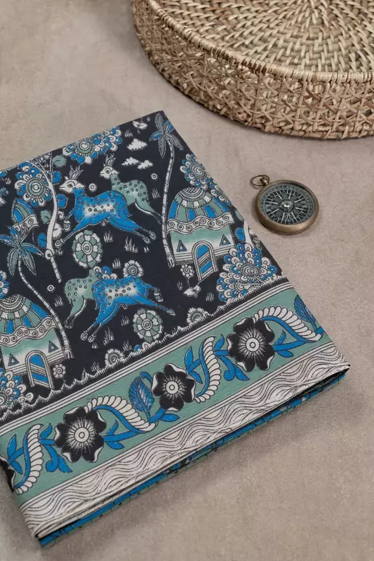Black blue pure cotton saree with forest design and animal artwork
