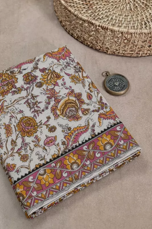 white pink yellow floral Kalamkari cotton saree with printed blouse
