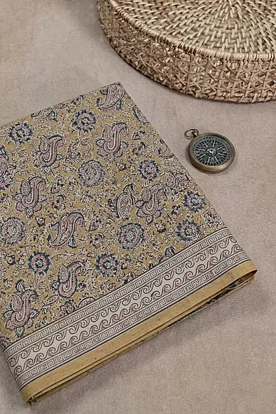 Handcrafted natural dye Kalamkari saree with yellow mango print design