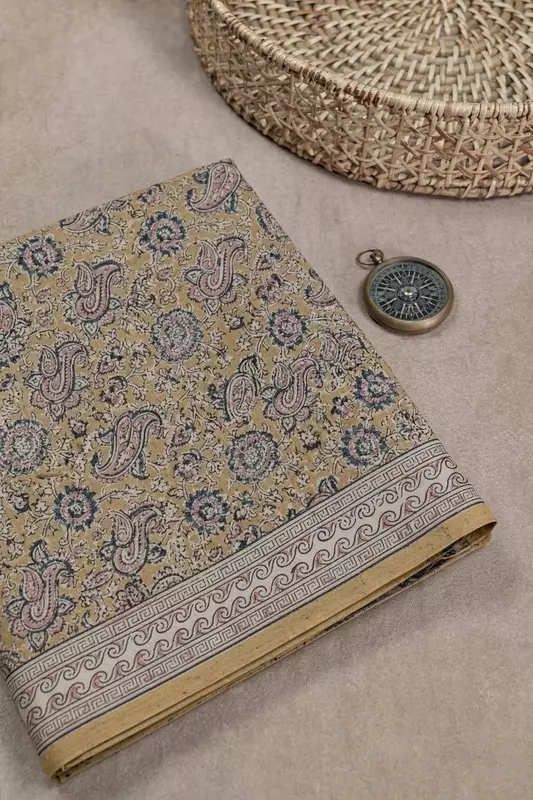 Handcrafted natural dye Kalamkari saree with yellow mango print design