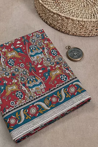 Colourful pure cotton saree with forest design and animal artwork