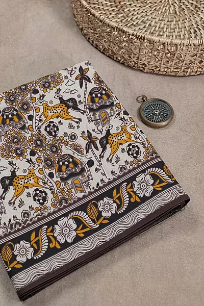 Authentic Kalamkari cotton saree in black white and yellow with printed blouse