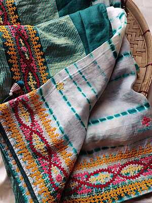 green and white tie and dye hand embroidered Bangalore silk saree