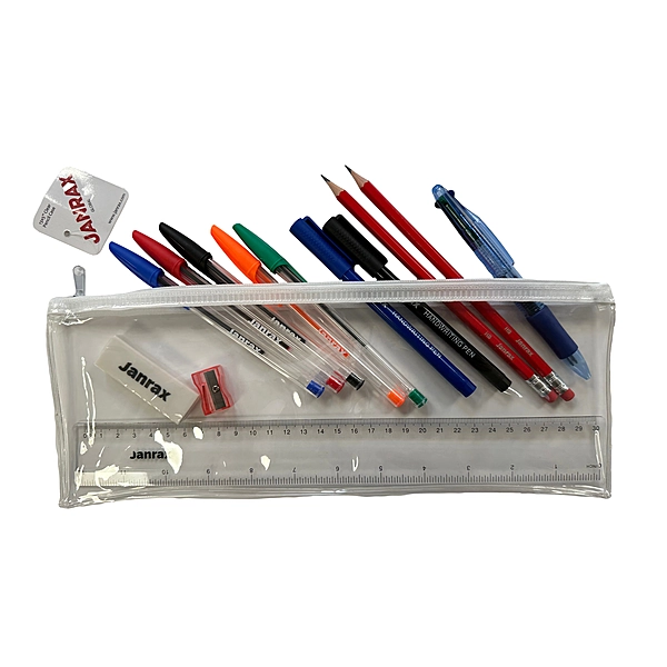 Stationery Filled White Zip 13x5"" Pencil Case