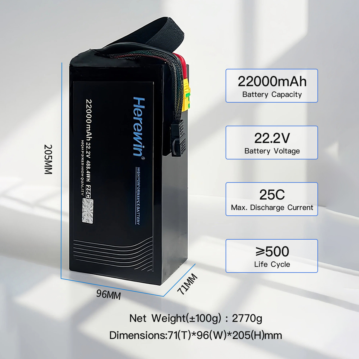 High-capacity 22.2V 25C industrial lithium polymer battery highlighting text labeling High-capacity 22.2V 25C industrial lithium polymer battery highlighting text labeling