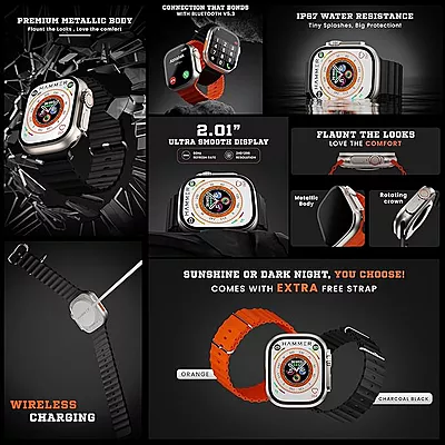 HAMMER Ultra Classic 2.01" Always on Display, Bluetooth Calling Smart Watch, Wireless Charging, 1 Extra Strap, Raise to Wake, in-Built Games