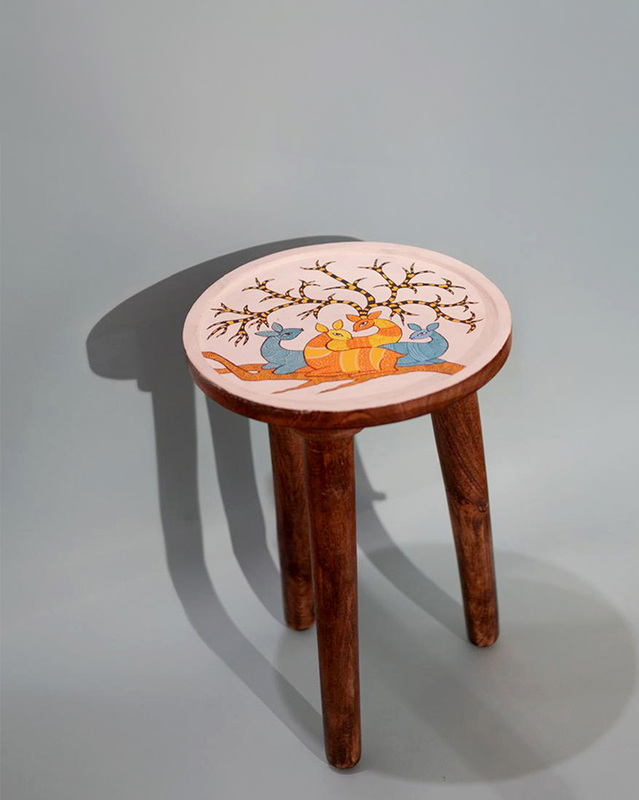 Hand Painted Gond Art Deer and Tree Stool