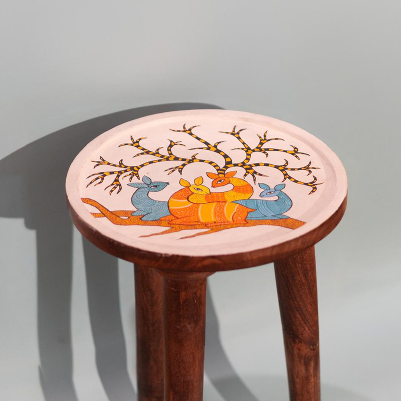Hand Painted Gond Art Deer and Tree Stool