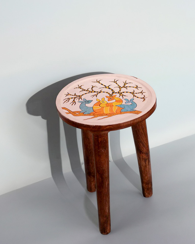 Hand Painted Gond Art Deer and Tree Stool