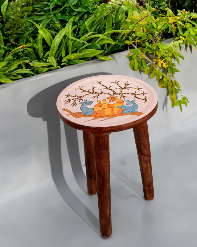 Hand Painted Gond Art Deer and Tree Stool