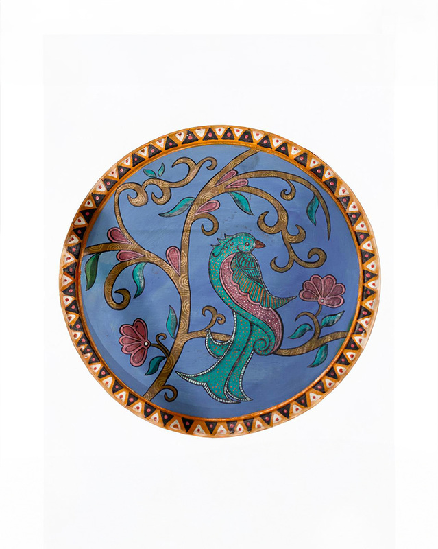 Hand-Painted Madhubani Art Bird and Floral Design Wooden Stool