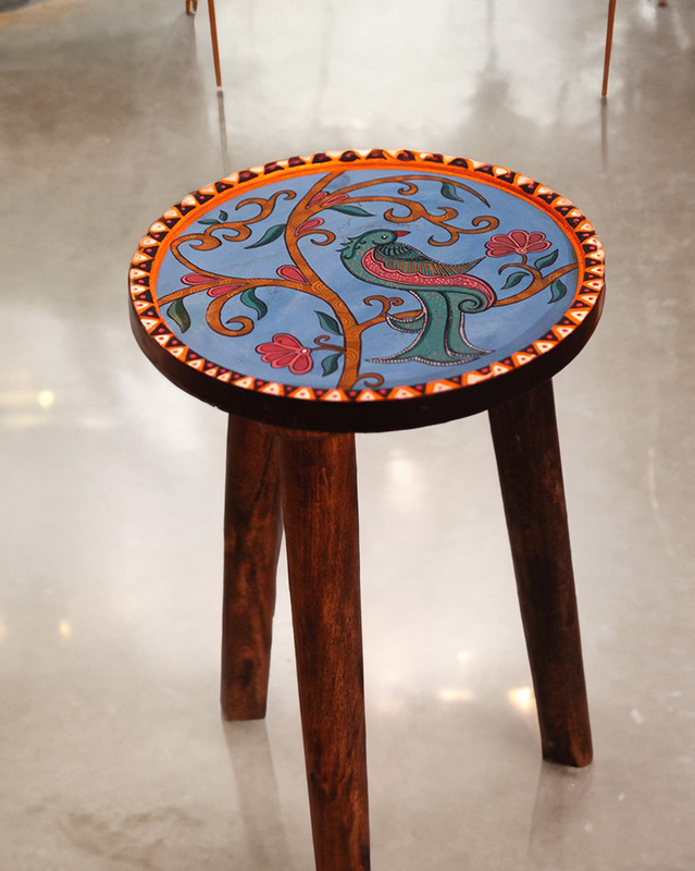 Hand-Painted Madhubani Art Bird and Floral Design Wooden Stool