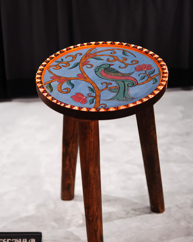 Hand-Painted Madhubani Art Bird and Floral Design Wooden Stool