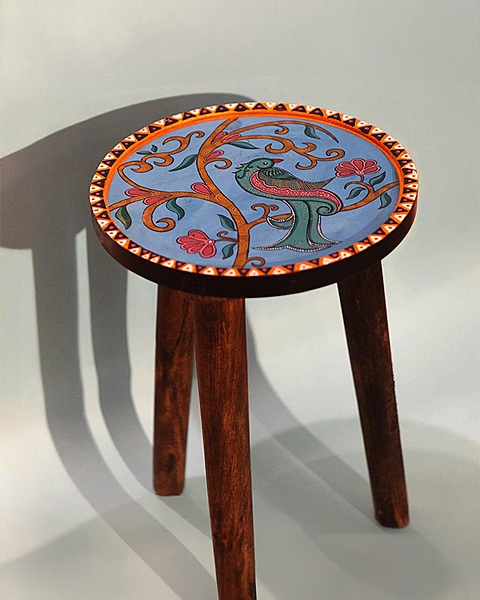 Hand-Painted Madhubani Art Bird and Floral Design Wooden Stool