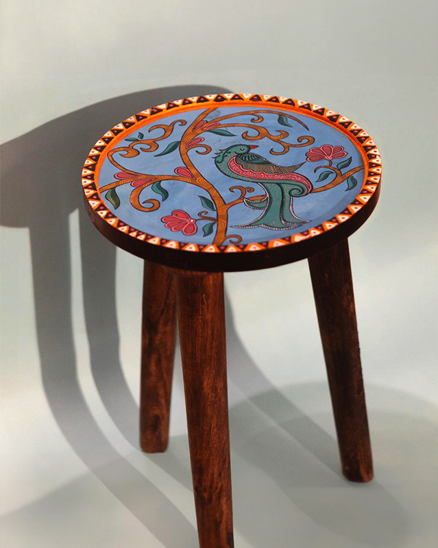 Hand-Painted Madhubani Art Bird and Floral Design Wooden Stool
