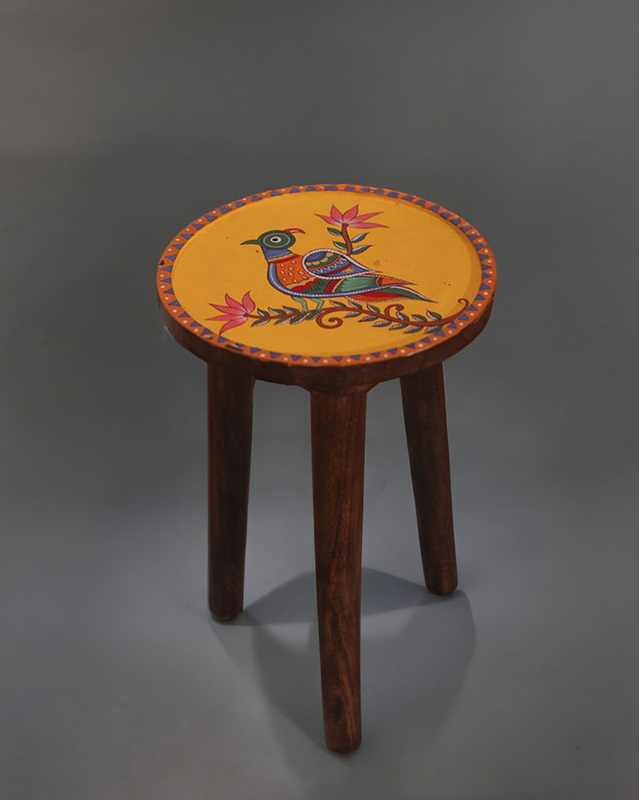 Hand-Painted Madhubani Art Bird Stool – Yellow
