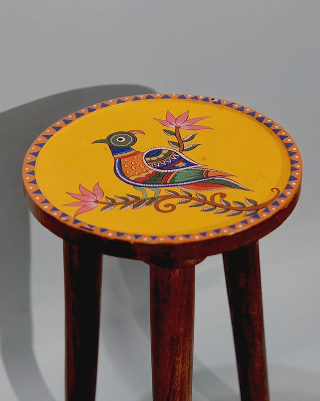 Hand-Painted Madhubani Art Bird Stool – Yellow