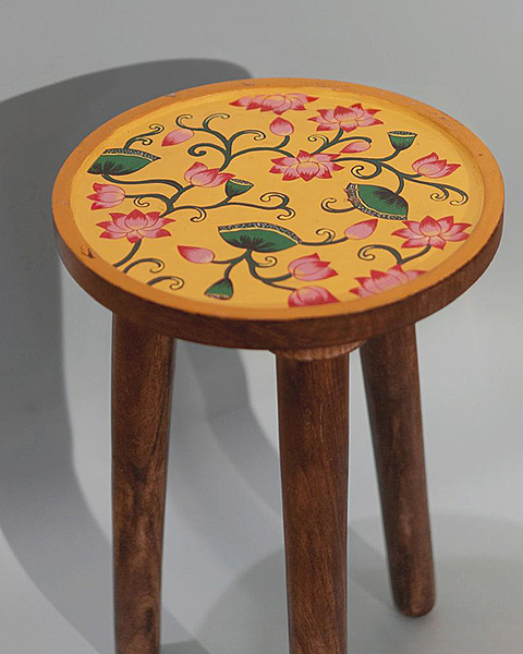 Hand-Painted Pichwai Art Lotus Flower Stool – Yellow