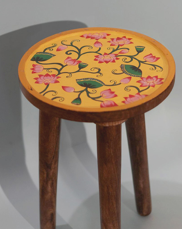Hand-Painted Pichwai Art Lotus Flower Stool – Yellow