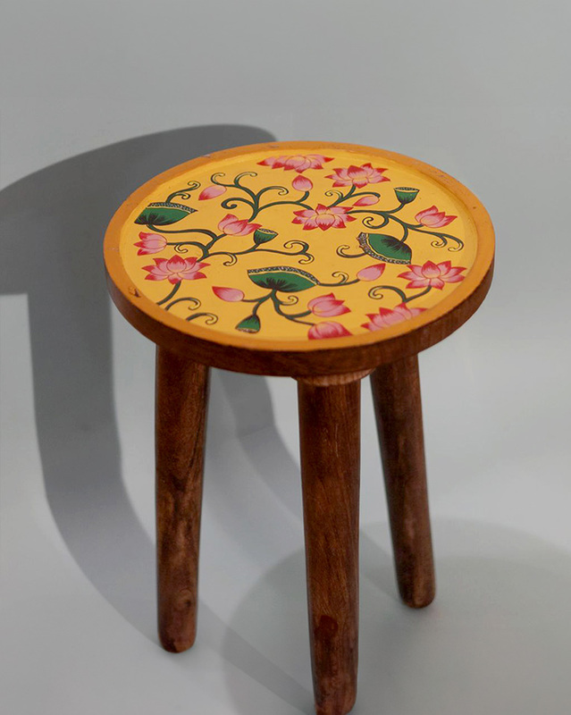 Hand-Painted Pichwai Art Lotus Flower Stool – Yellow