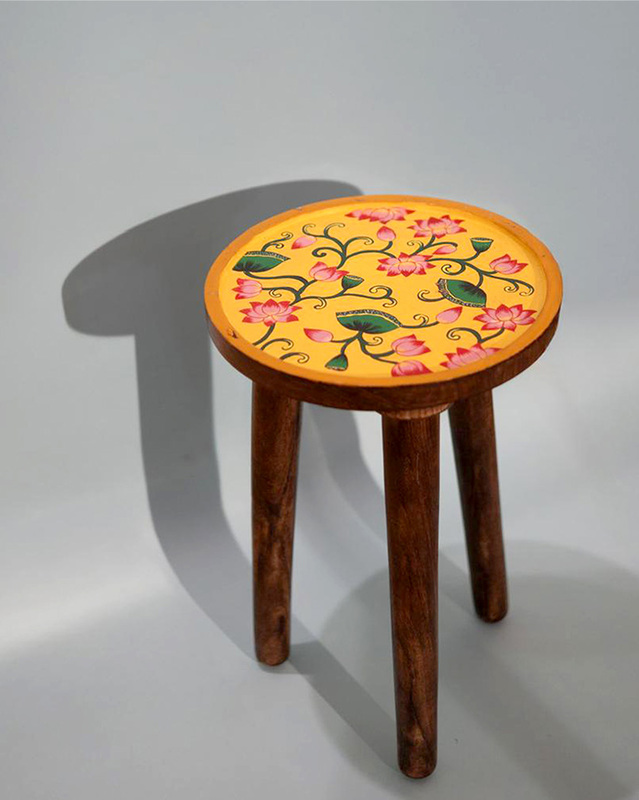 Hand-Painted Pichwai Art Lotus Flower Stool – Yellow