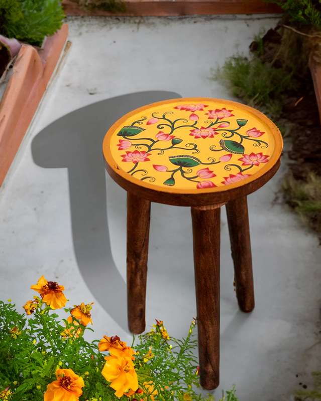 Hand-Painted Pichwai Art Lotus Flower Stool – Yellow