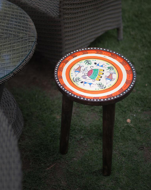 Hand-Painted Warli Art Elephant and Fish Stool