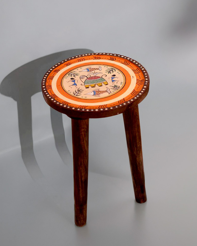 Hand-Painted Warli Art Elephant and Fish Stool