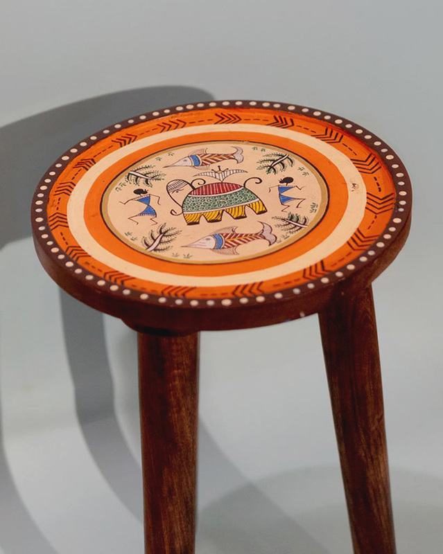 Hand-Painted Warli Art Elephant and Fish Stool