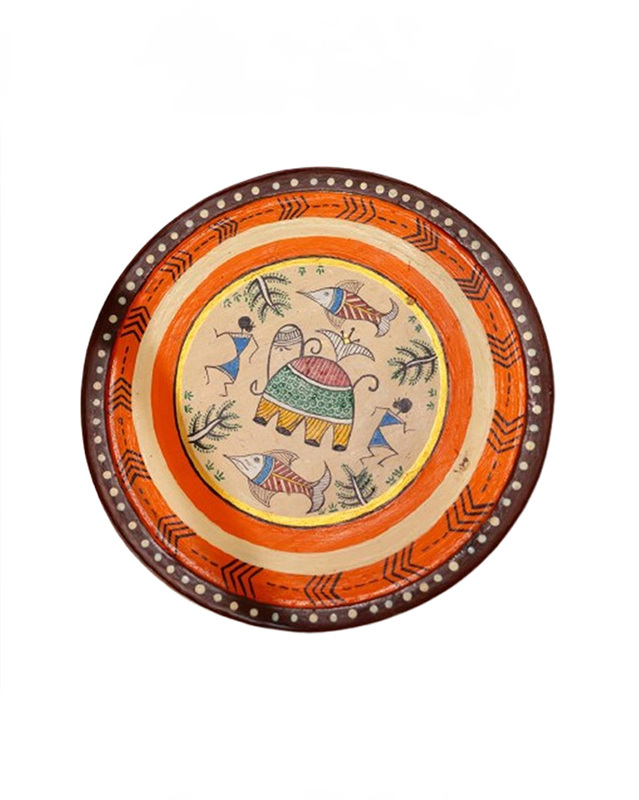 Hand-Painted Warli Art Elephant and Fish Stool