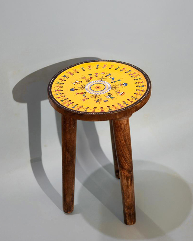 Hand-Painted Warli Art Wooden Stool