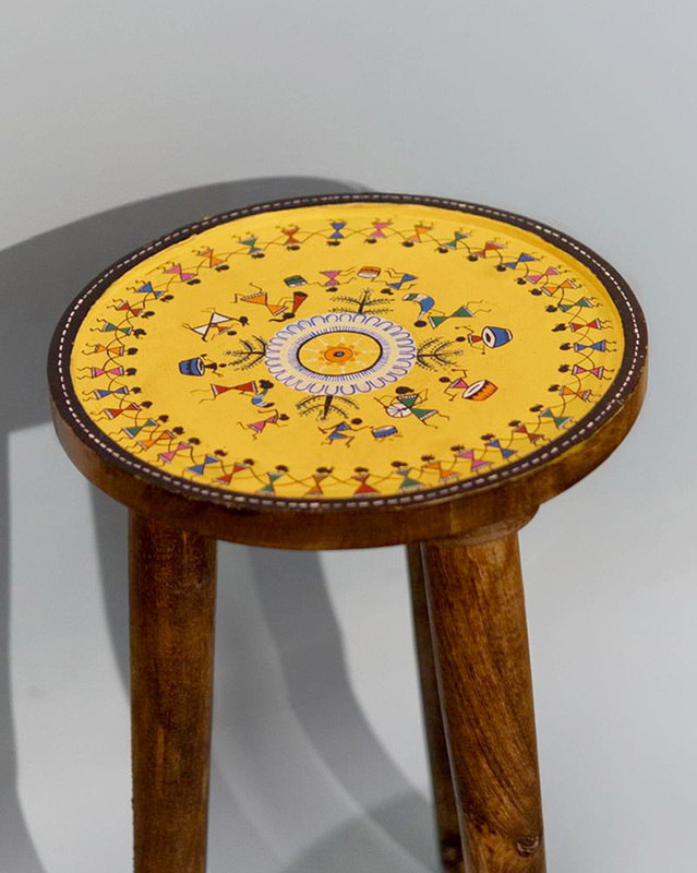 Hand-Painted Warli Art Wooden Stool