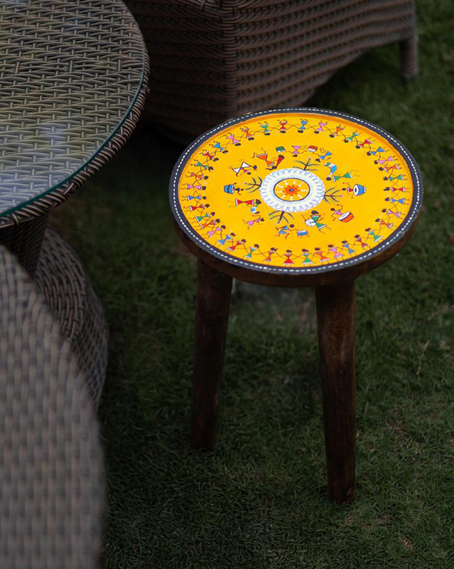 Hand-Painted Warli Art Wooden Stool